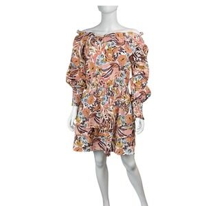 Girl and the Sun Floral Print Dress Off Shoulder Long Sleeve Tiered smocked Mini